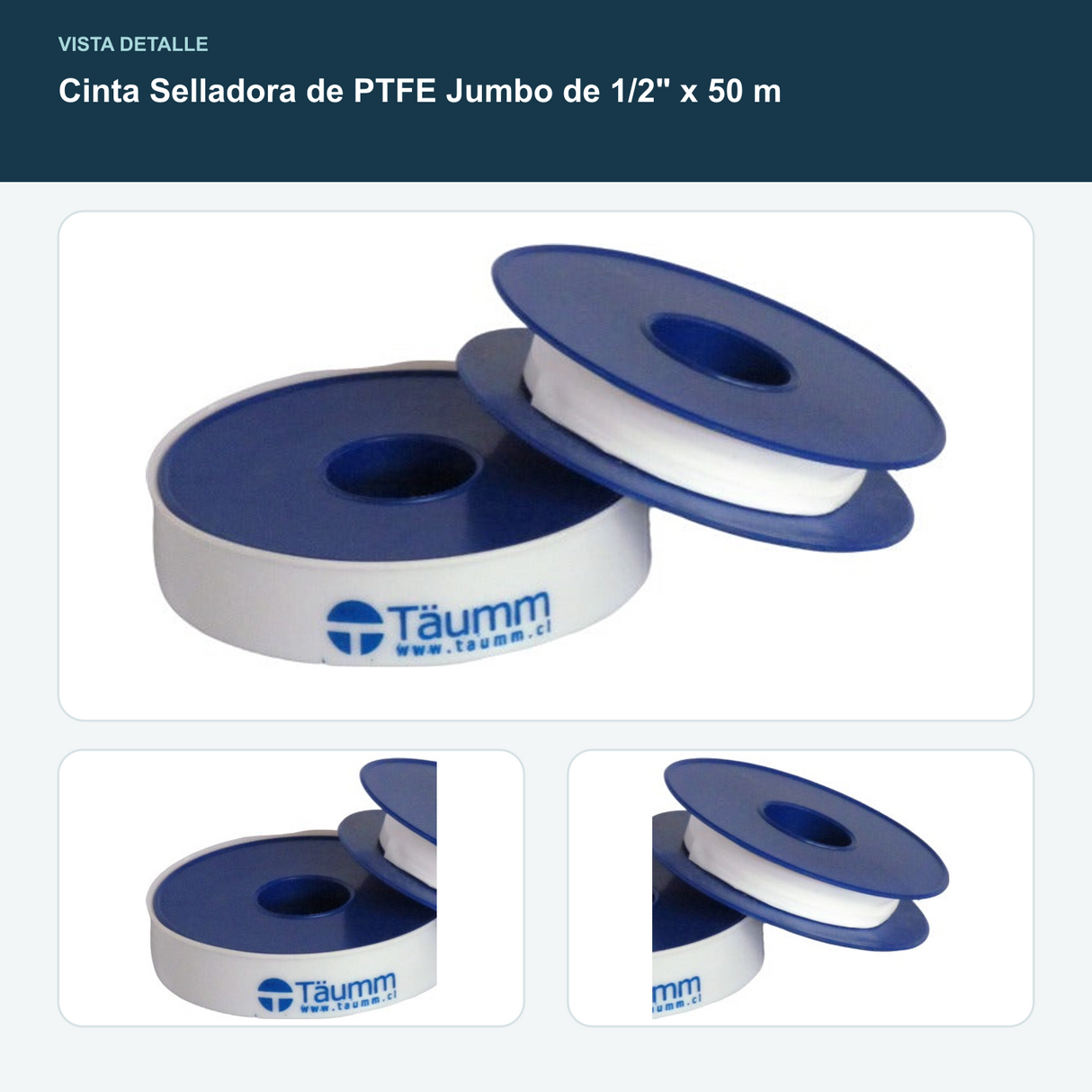 Cinta Selladora de PTFE Jumbo de 1/2" x 50 m - Ancho 1/2" y largo 50 m