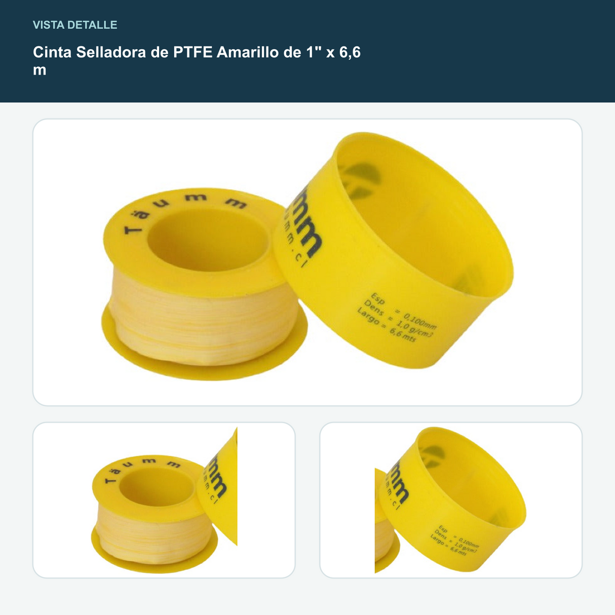 Cinta Selladora de PTFE Amarillo de 1" x 6,6 m - Ancho 1" y largo 6,6 m