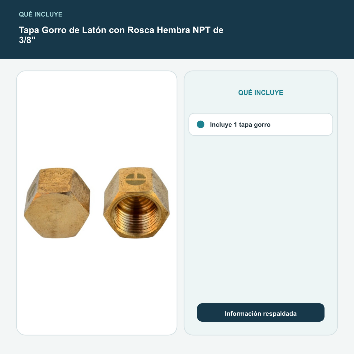 Tapa Gorro de Latón con Rosca Hembra NPT de 3/8" - Incluye 1 tapa gorro