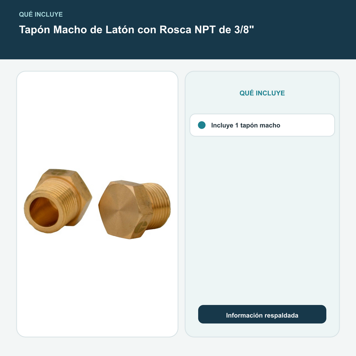 Tapón Macho de Latón con Rosca NPT de 3/8" - Incluye 1 tapón macho