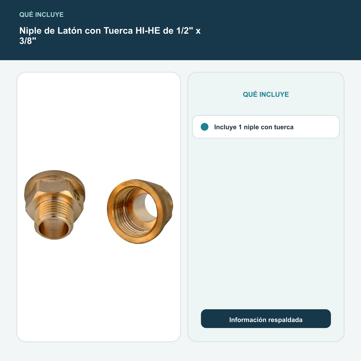 Niple de Latón con Tuerca HI-HE de 1/2" x 3/8" - Incluye 1 niple con tuerca