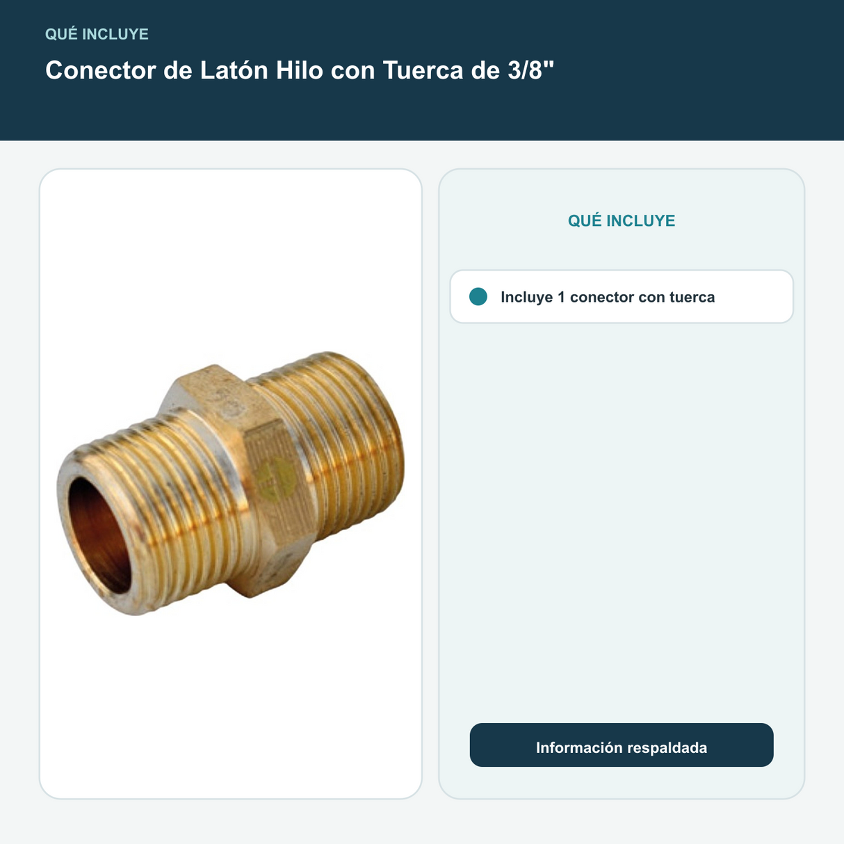 Conector de Latón Hilo con Tuerca de 3/8" - Incluye 1 conector con tuerca
