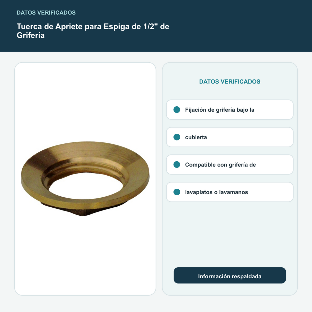 Tuerca de Apriete para Espiga de 1/2" de Grifería - Fijación de grifería bajo la cubierta. Compatible con grifería de lavaplatos o lavamanos