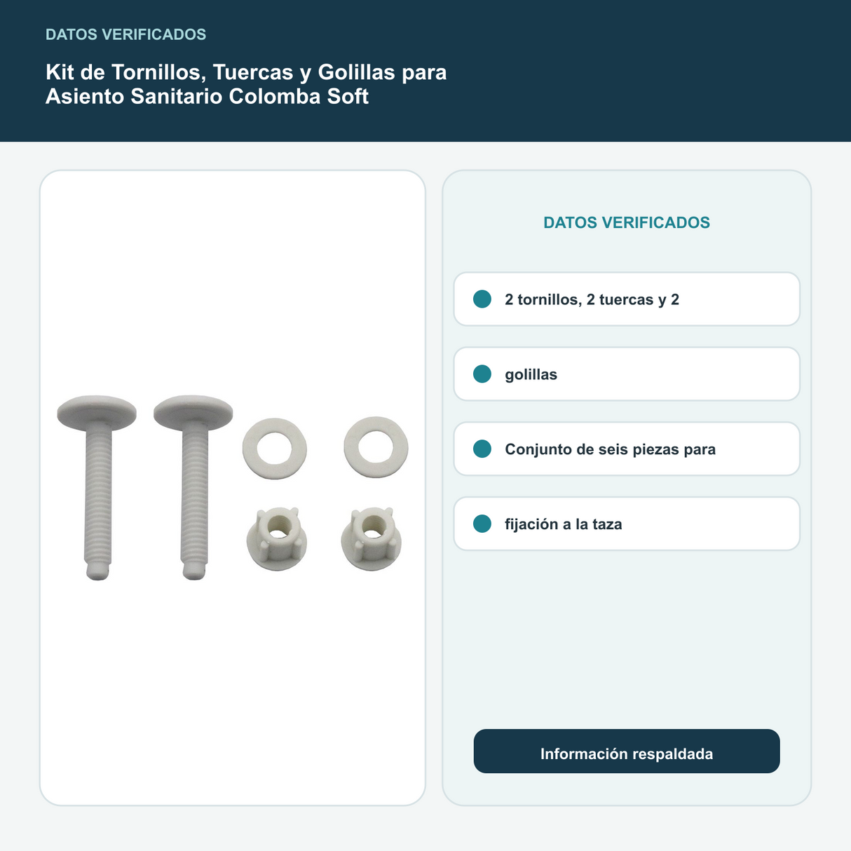 Kit de Tornillos, Tuercas y Golillas para Asiento Sanitario Colomba Soft - 2 tornillos, 2 tuercas y 2 golillas. Conjunto de seis piezas para fijación a la taza
