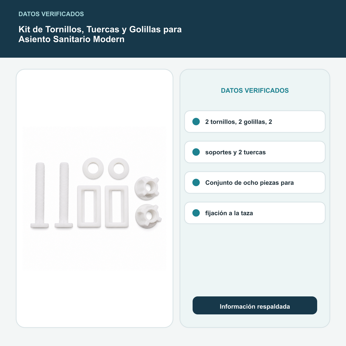 Kit de Tornillos, Tuercas y Golillas para Asiento Sanitario Modern - 2 tornillos, 2 golillas, 2 soportes y 2 tuercas. Conjunto de ocho piezas para fijación a la taza