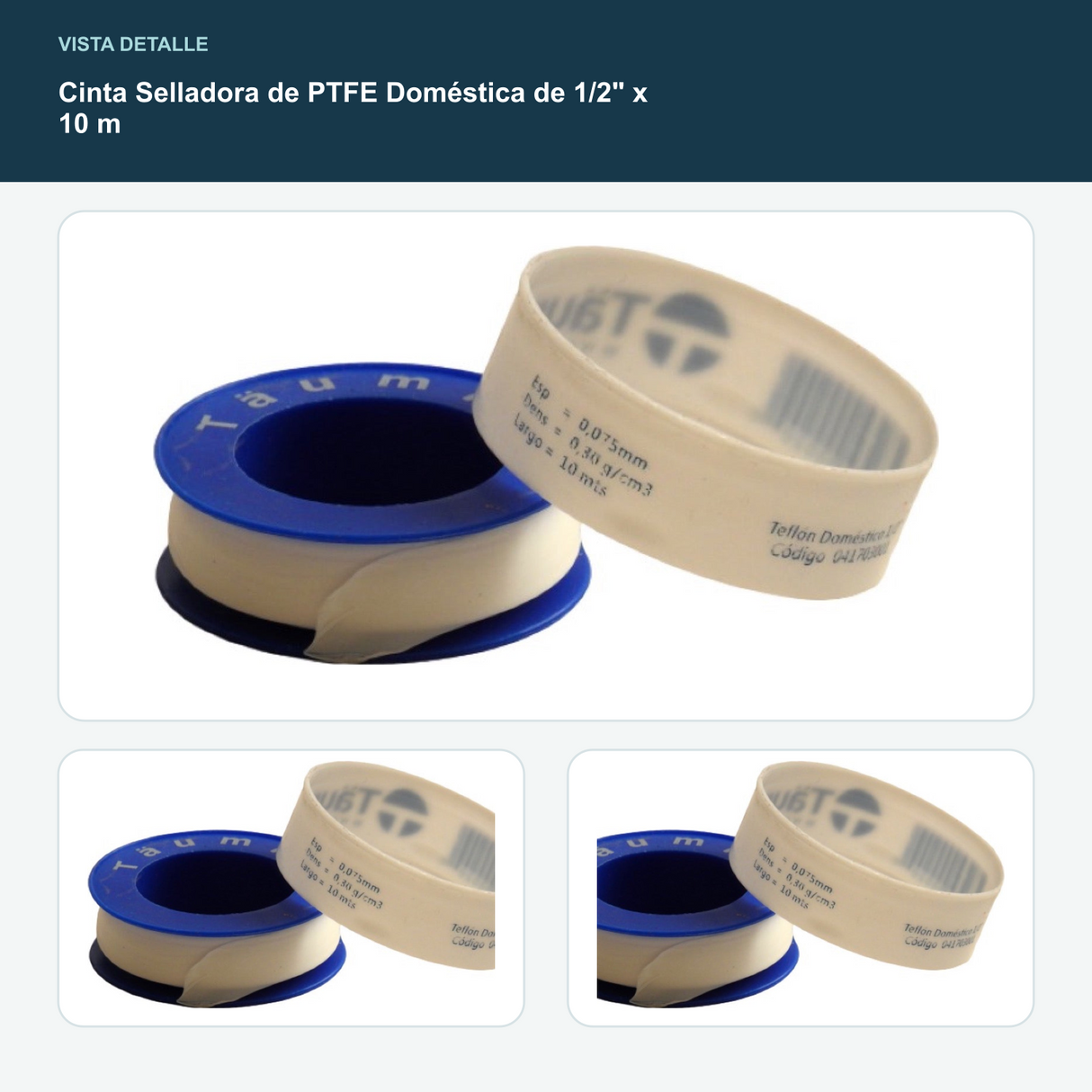 Cinta Selladora de PTFE Doméstica de 1/2" x 10 m - Ancho 1/2" y largo 10 m
