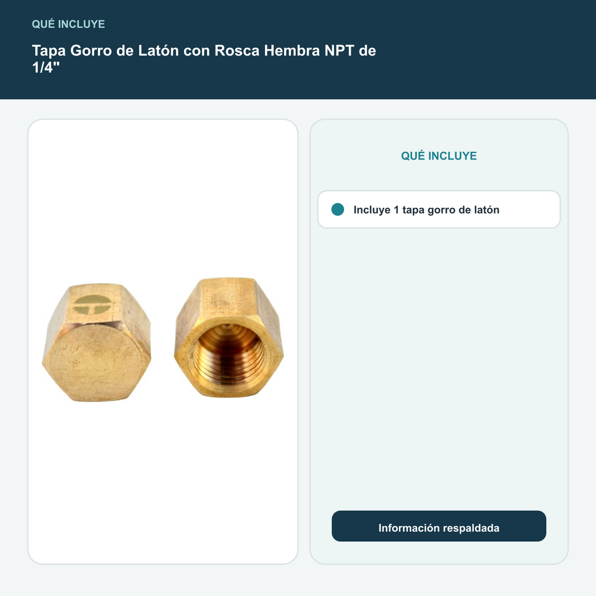Tapa Gorro de Latón con Rosca Hembra NPT de 1/4" - Incluye 1 tapa gorro de latón