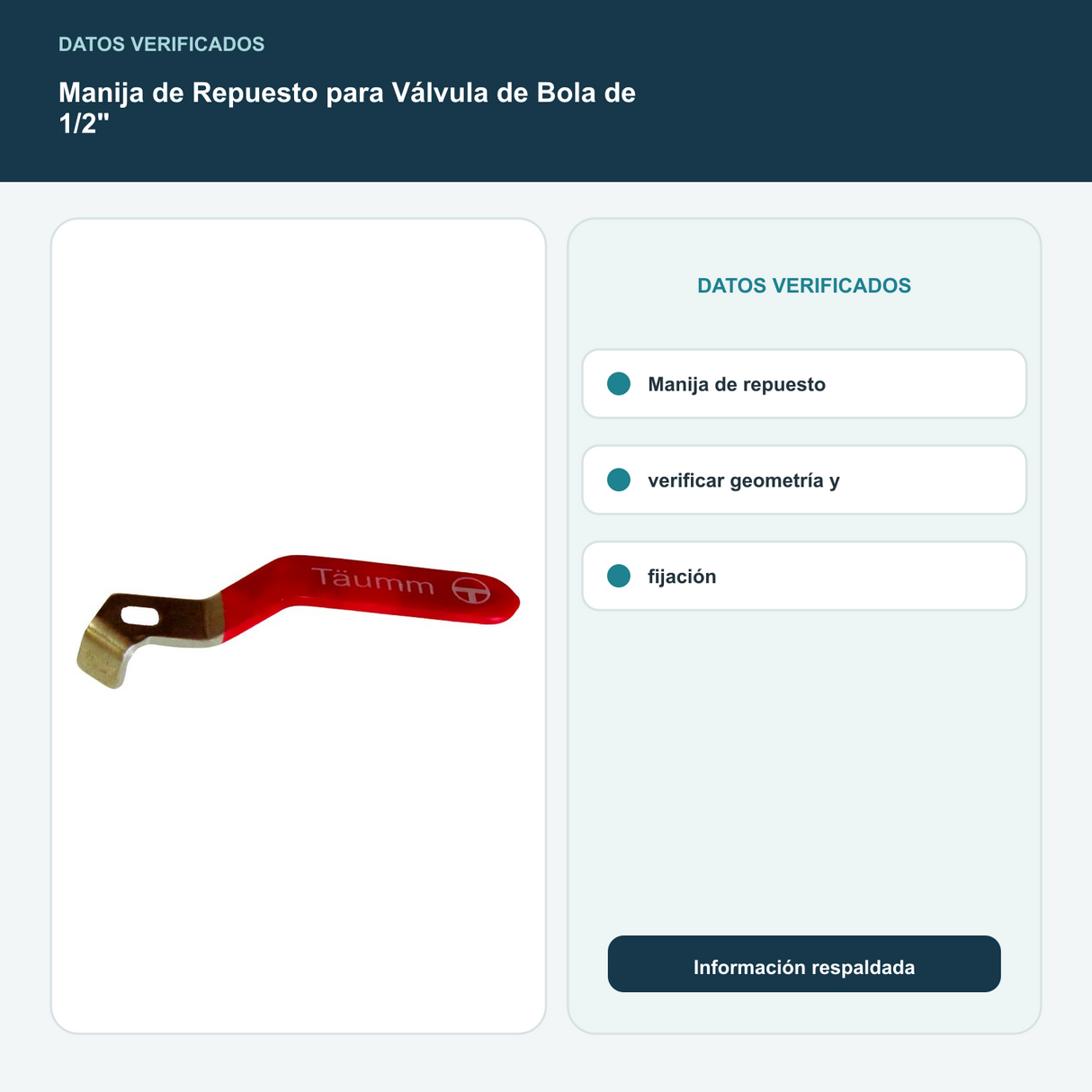 Manija de Repuesto para Válvula de Bola de 1/2" - Manija de repuesto; verificar geometría y fijación