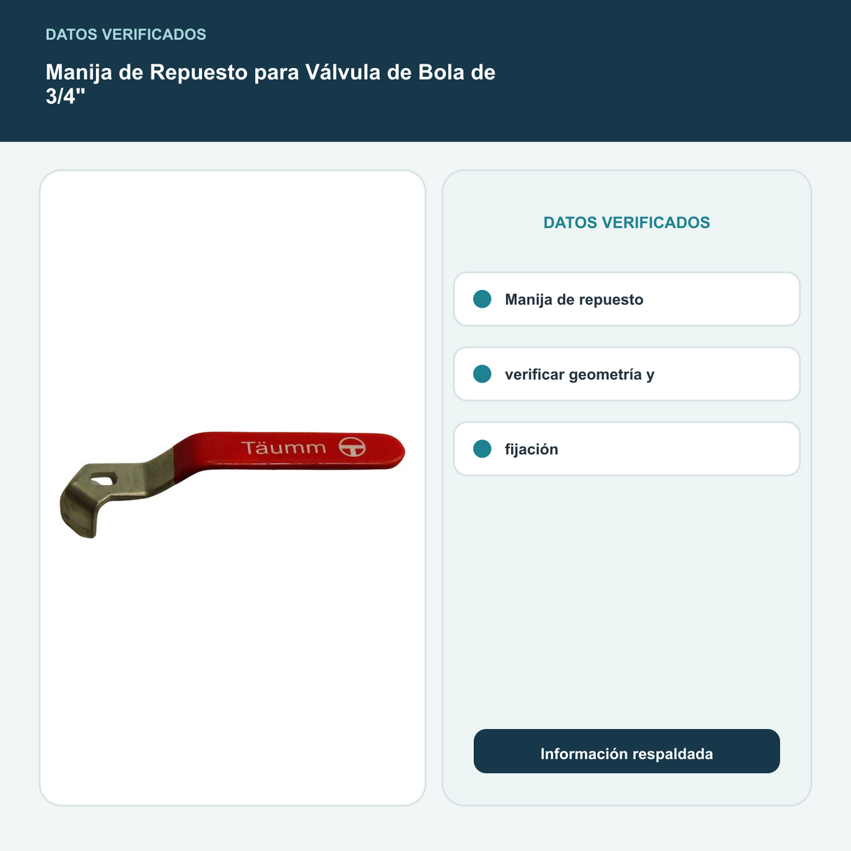 Manija de Repuesto para Válvula de Bola de 3/4" - Manija de repuesto; verificar geometría y fijación