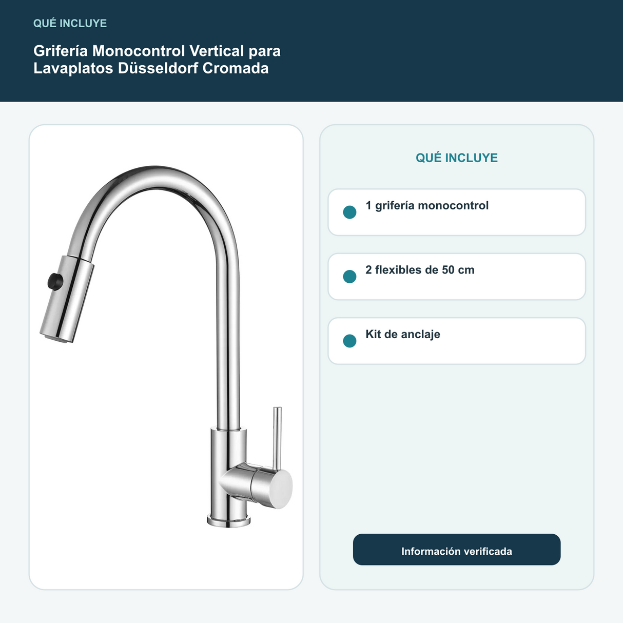 Grifería Monocontrol Vertical para Lavaplatos Düsseldorf Cromada y contenido incluido