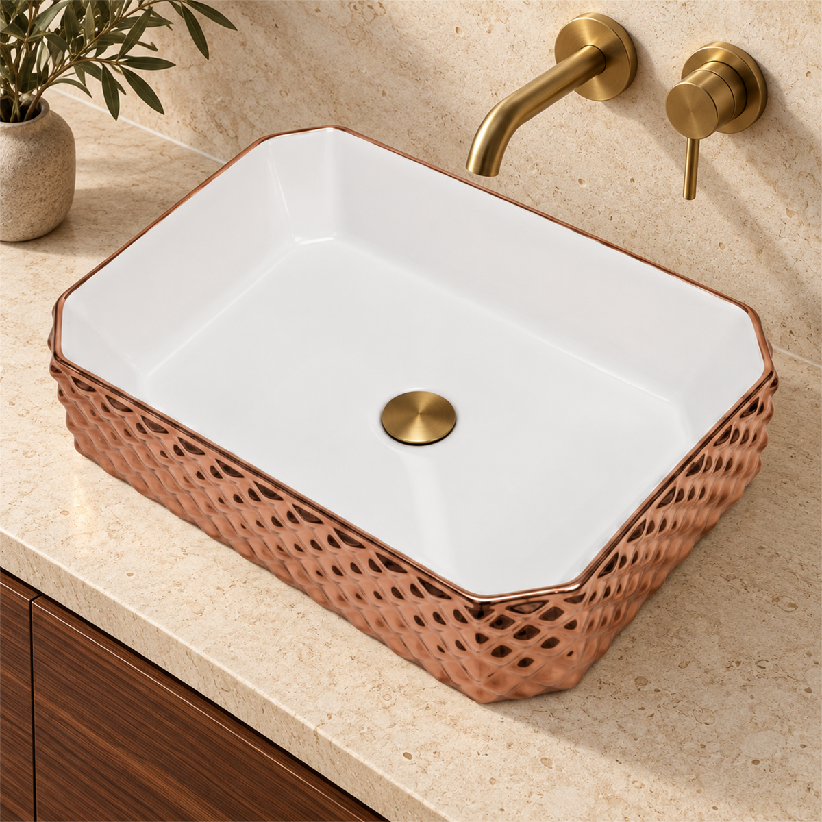 Lavamanos Stella Rose Gold Y Blanco 50 × 37 cm — vista cercana instalada