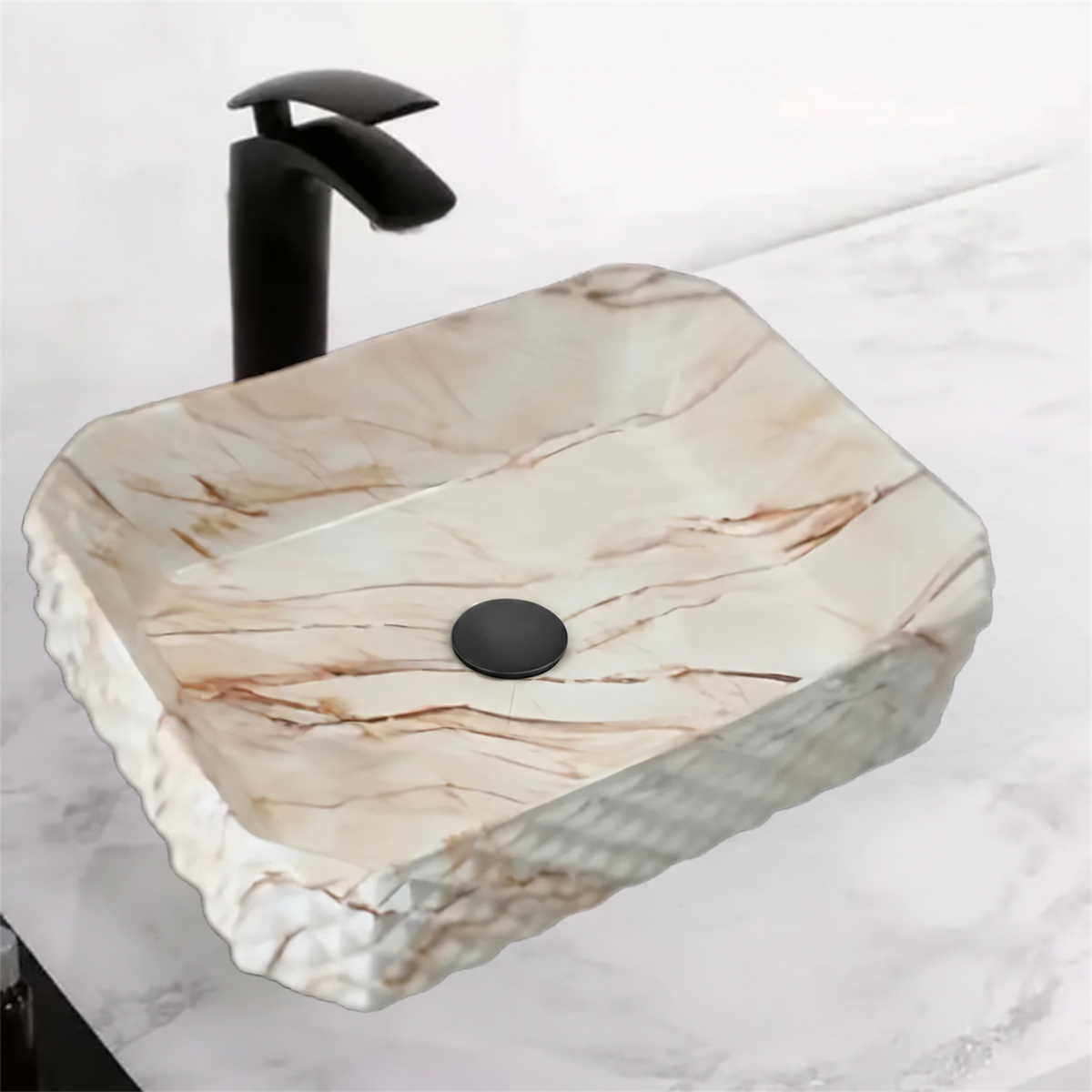 Lavamanos Stella Calacata Beige 50 × 37 cm — vista cercana instalada