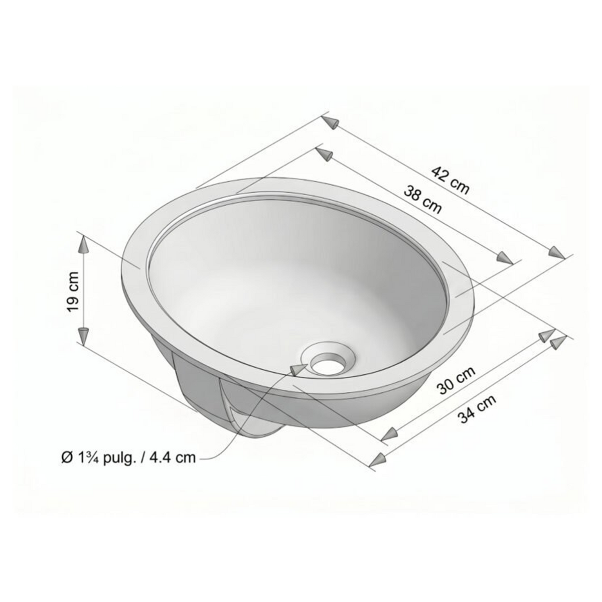 Lavamanos Oval Blanco De Bajo Poner 42 × 34 cm — croquis de medidas