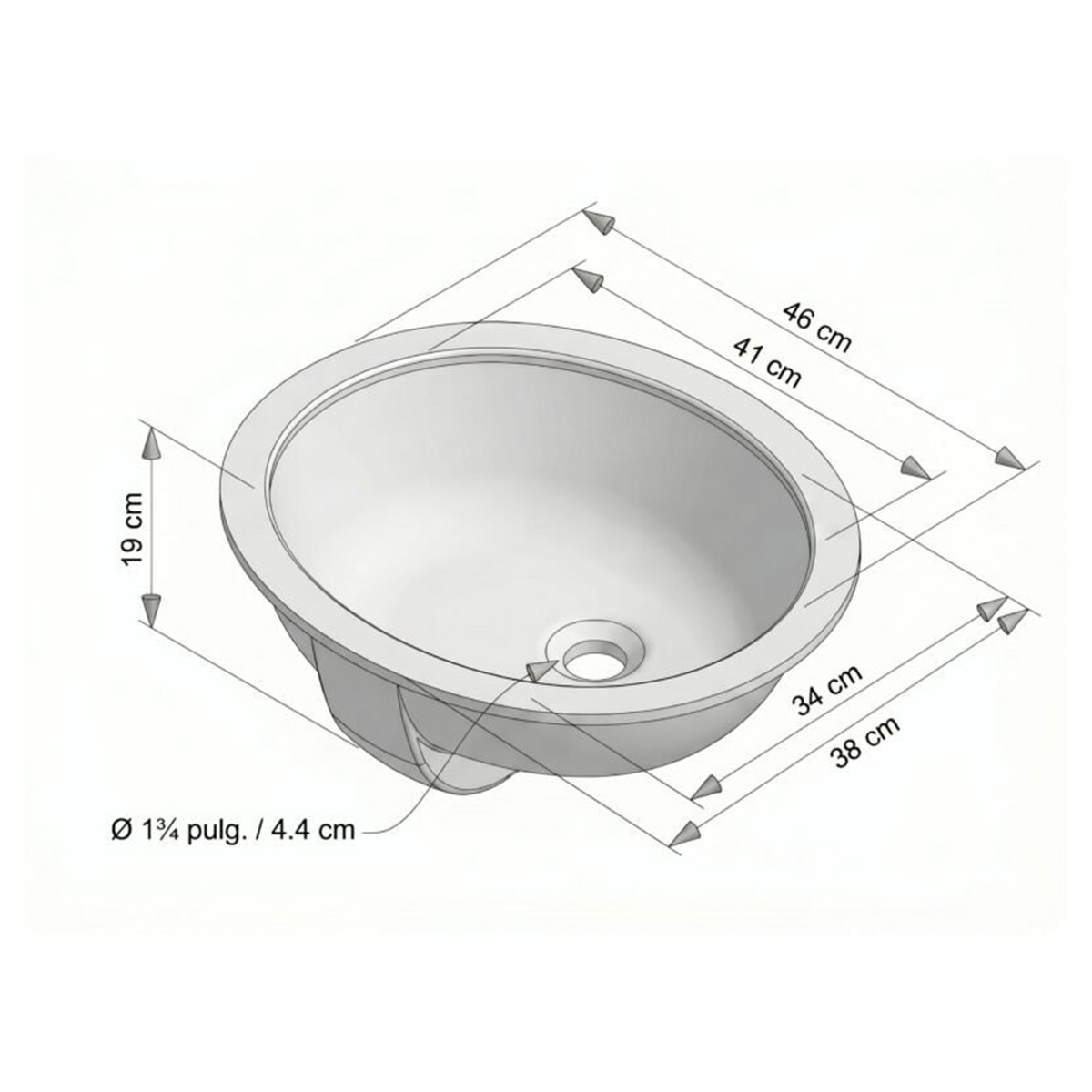 Lavamanos Oval Blanco De Bajo Poner 46 × 38 cm — croquis de medidas