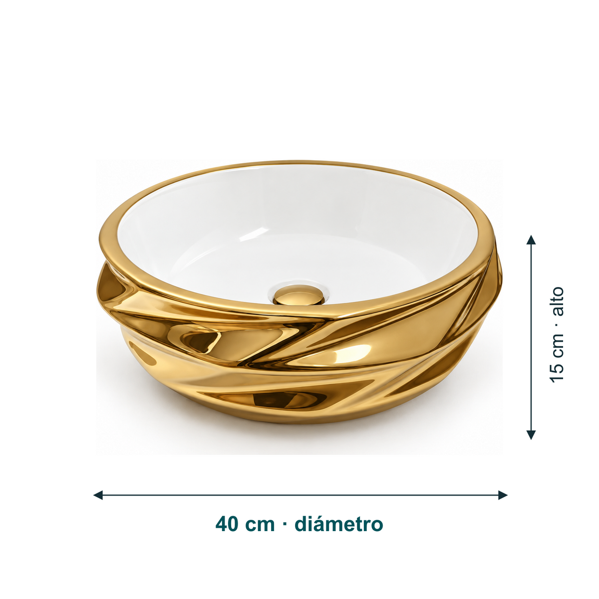 Dimensiones de Lavamanos Cosmos Blanco y Dorado de 40 cm: Largo: 40 cm. Ancho: 40 cm. Alto: 15 cm.