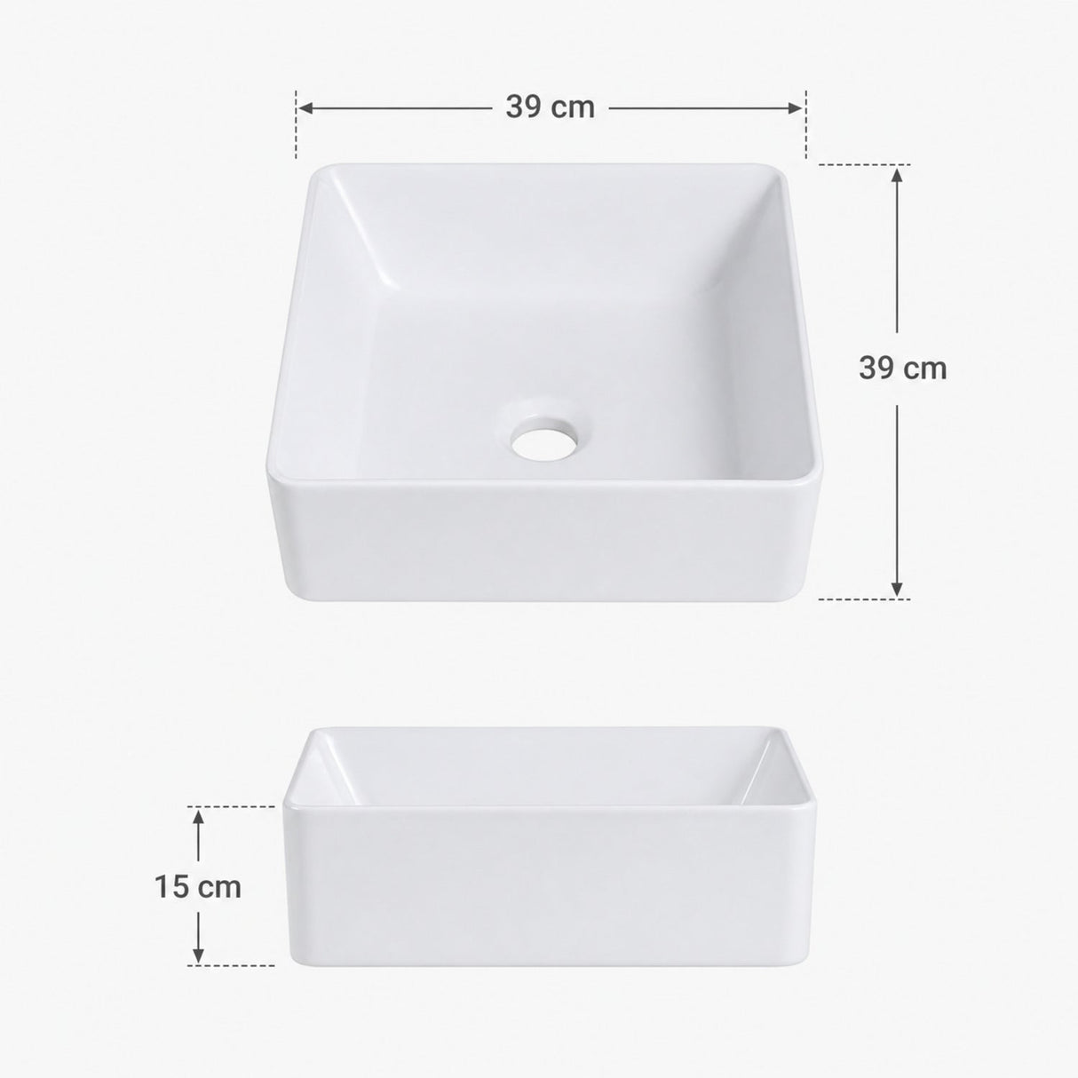 Medidas del lavamanos cuadrado de porcelana: 39 por 39 por 15 cm