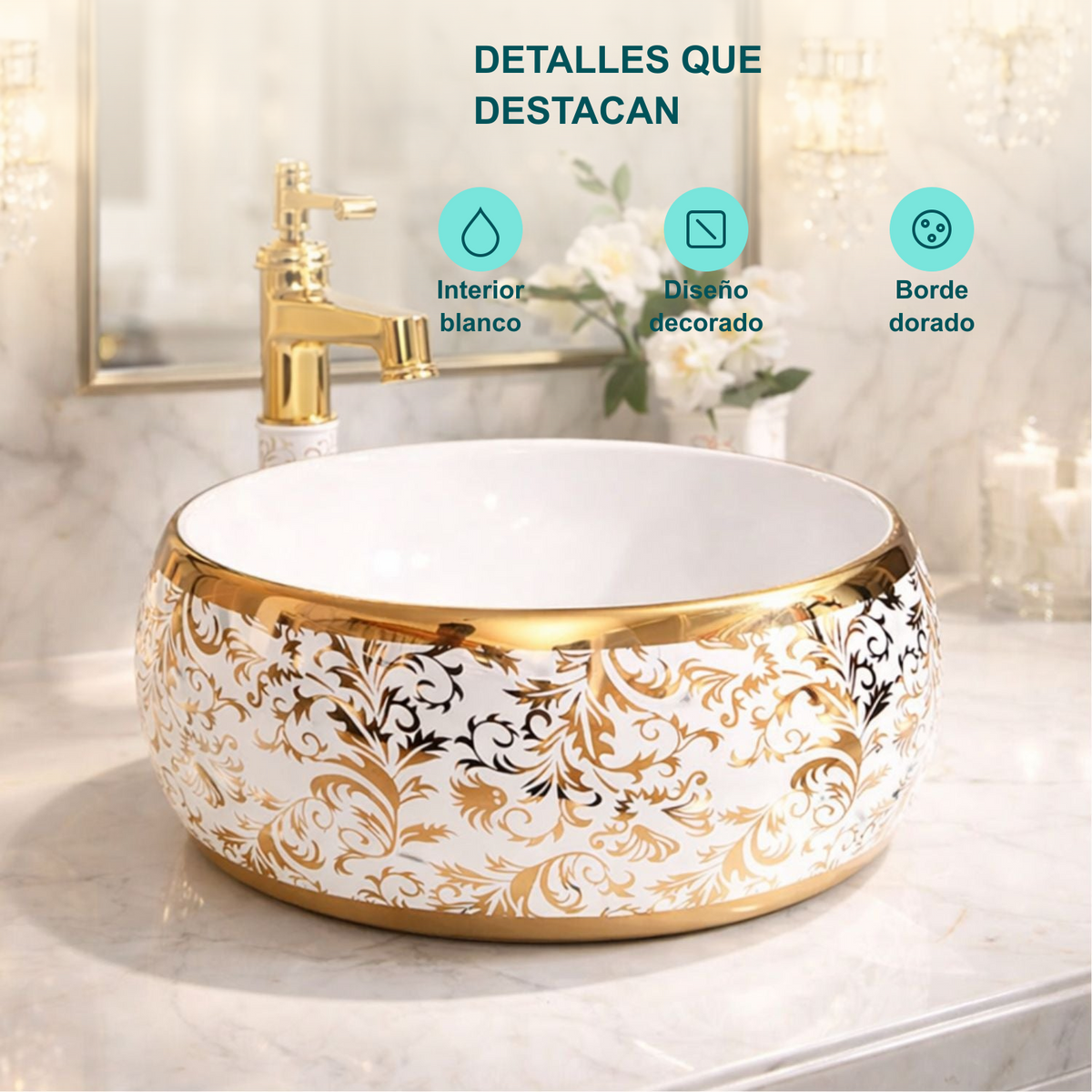Lavamanos Donna Blanco y Dorado de 31 cm: Interior blanco, Diseño decorado, Borde dorado