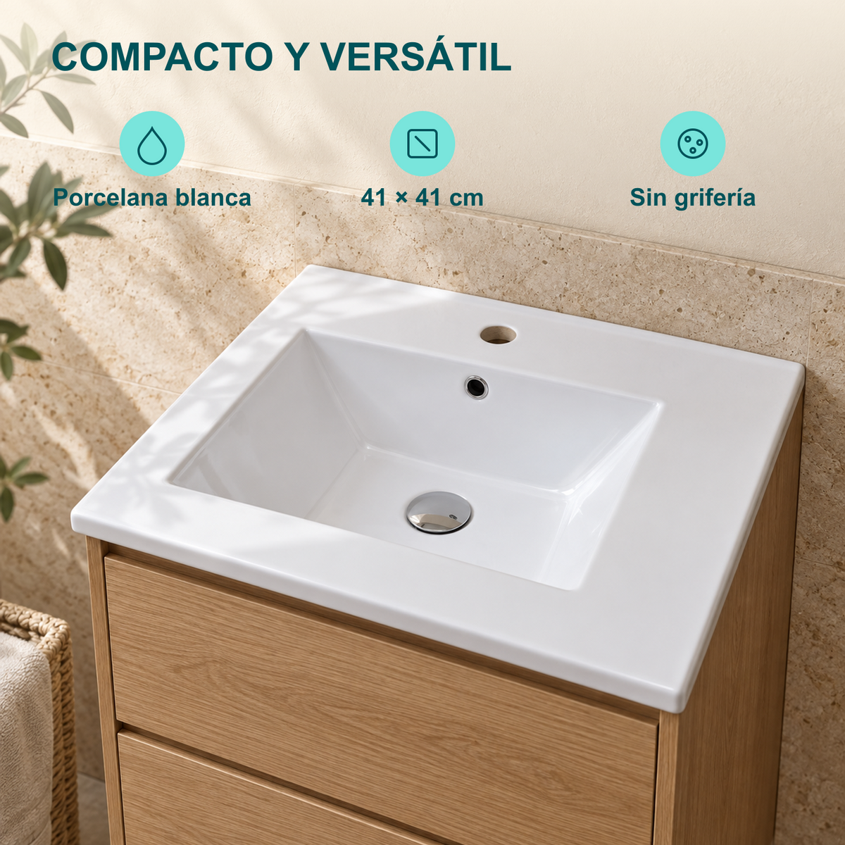 Lavamanos Integrado Blanco en Porcelana 41 × 41 cm: Porcelana blanca, 41 × 41 cm, Sin grifería