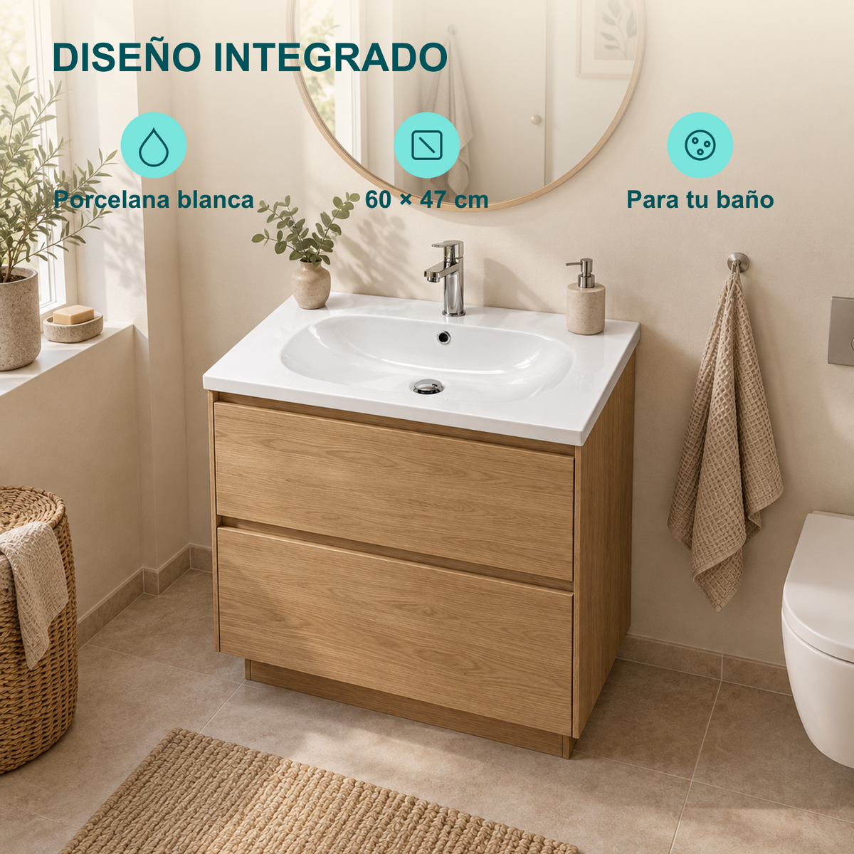 Lavamanos Integrado Blanco en Porcelana 60 × 47 cm: Porcelana blanca, 60 × 47 cm, Para tu baño