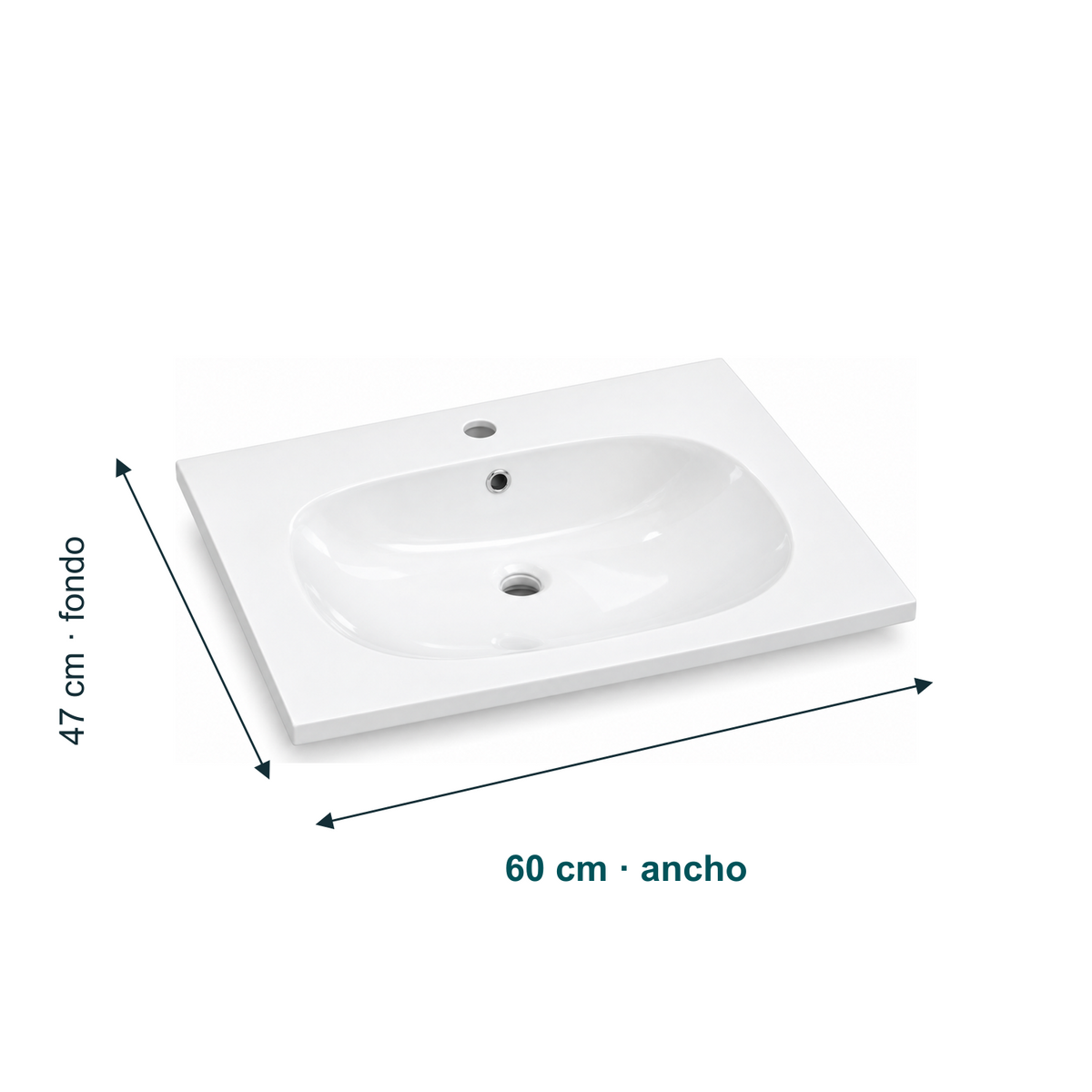 Dimensiones de Lavamanos Integrado Blanco en Porcelana 60 × 47 cm: Ancho: 60 cm. Fondo: 47 cm.