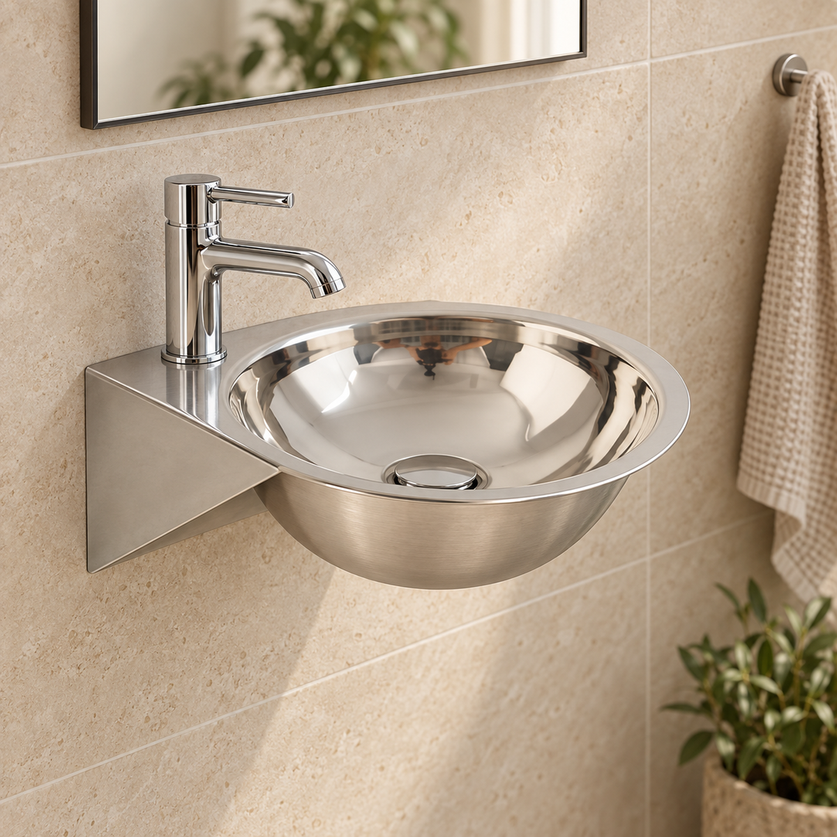 Lavamanos mini de acero 304 con soporte triangular instalado en muro beige