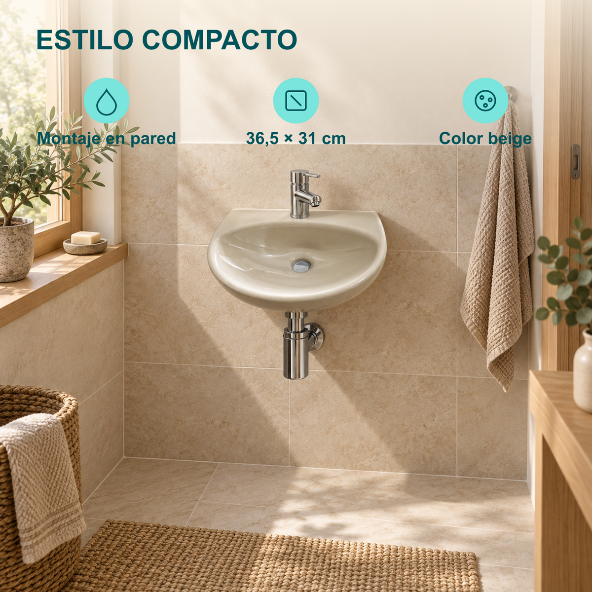 Lavamanos beige de montaje en pared: 36,5 × 31 cm