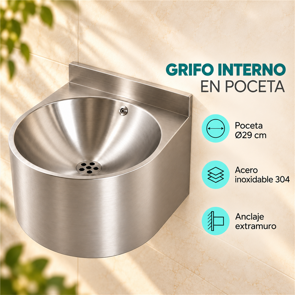 Lavamanos semirredondo con grifo interno, poceta de 29 cm, acero inoxidable 304 y anclaje extramuro