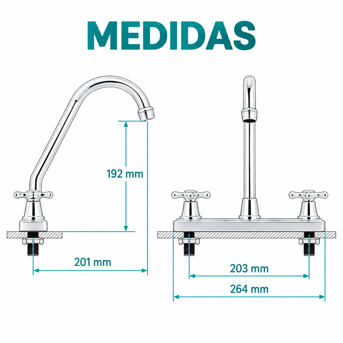 Dimensiones del mezclador Antius: altura de salida 192 mm, alcance 201 mm, entre centros 203 mm y base 264 mm