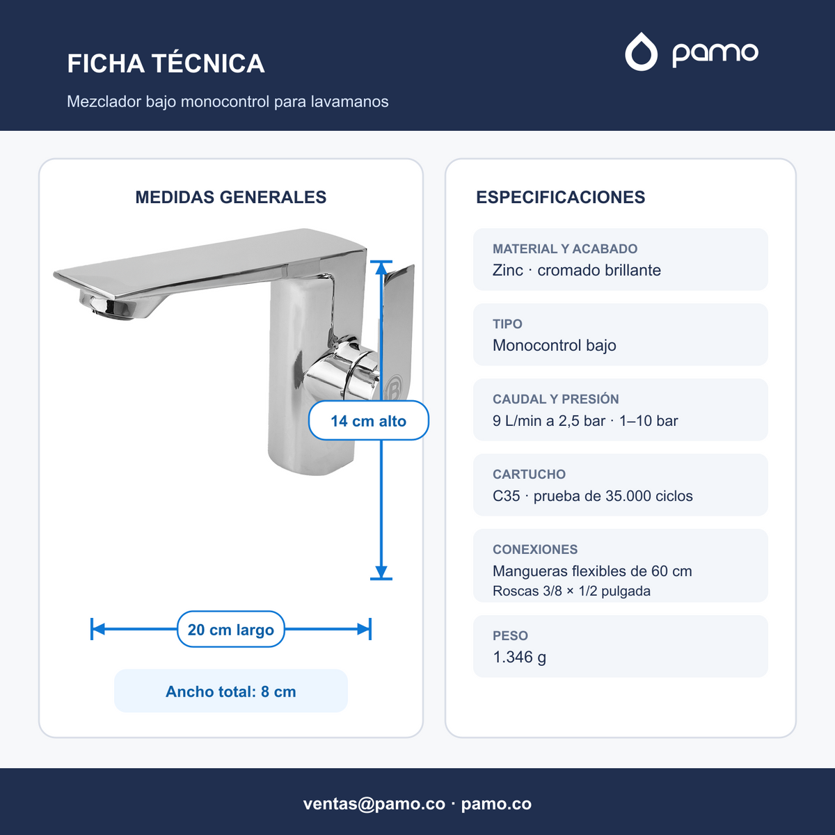 Ficha técnica con medidas y especificaciones del mezclador bajo monocontrol cromado
