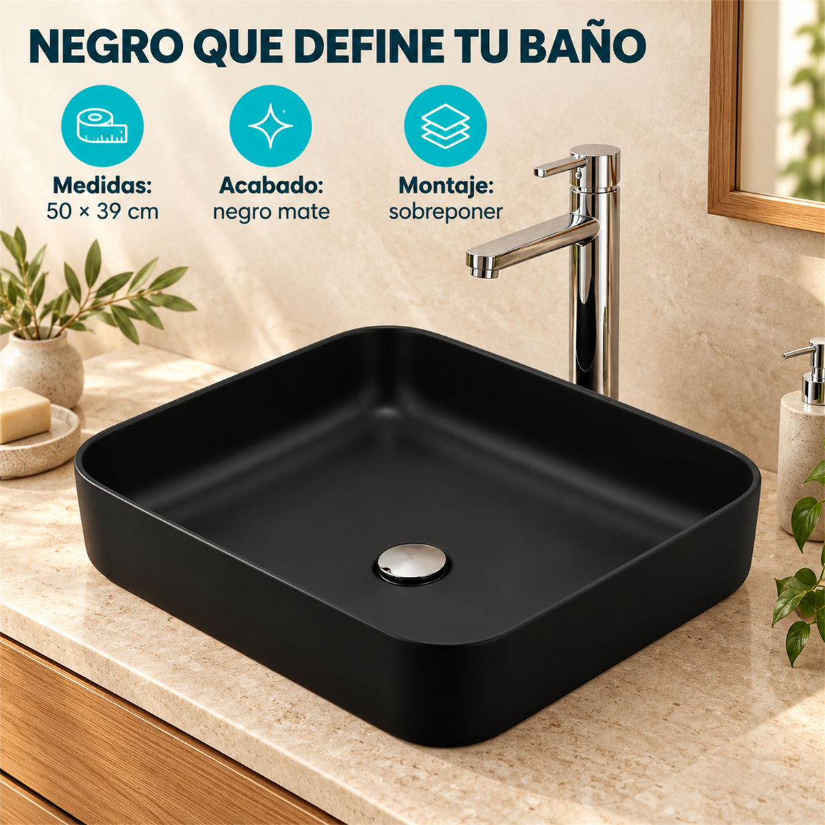 Lavamanos Malibú Negro Mate 50 × 39 cm — características