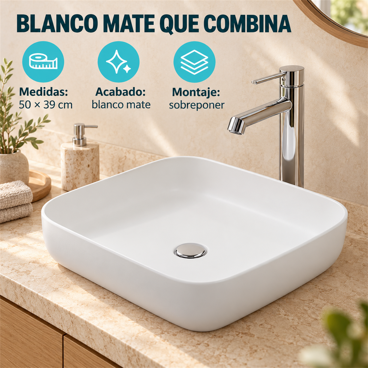 Lavamanos Malibú Blanco Mate 50 × 39 cm — características