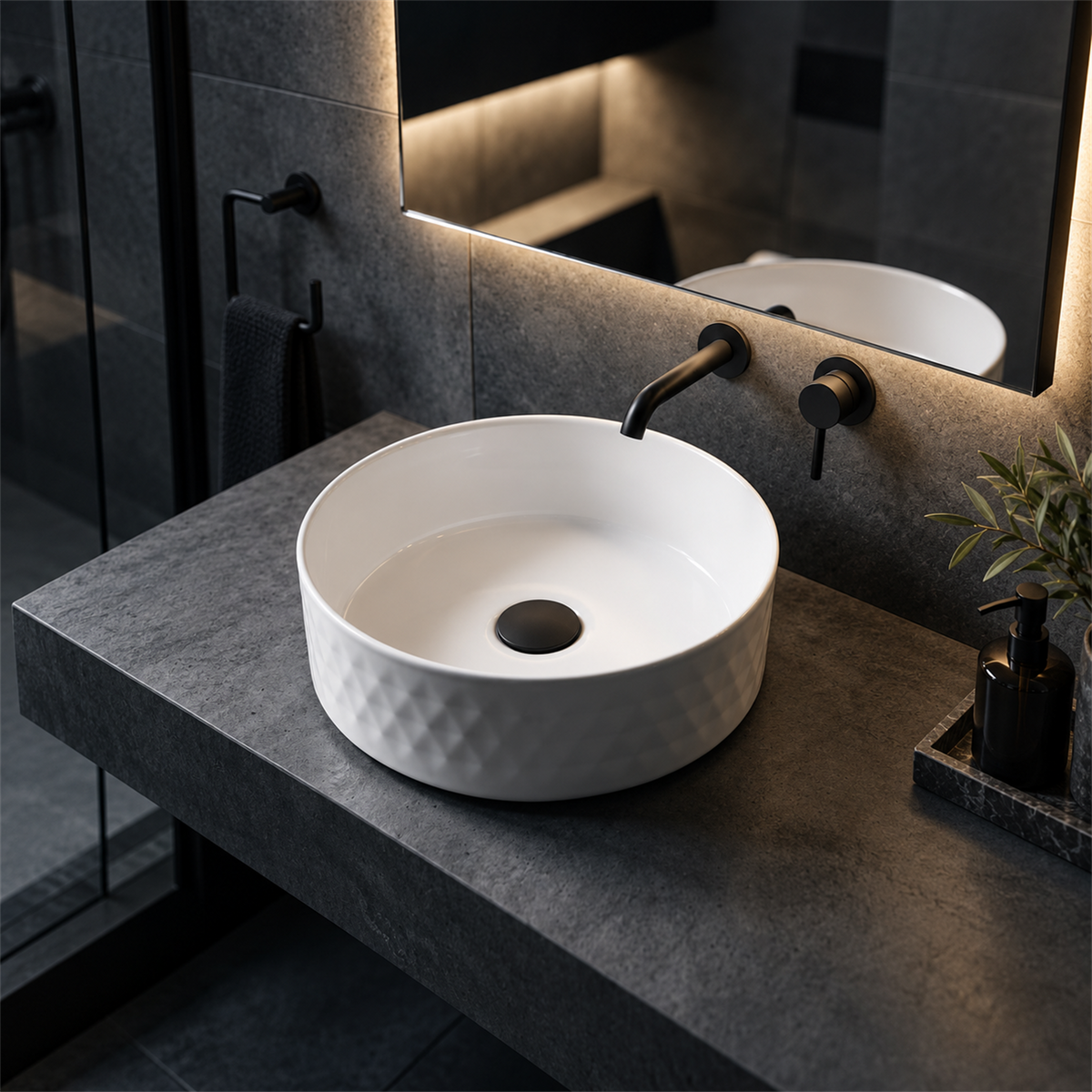 Lavamanos Olympia Redondo Blanco 36 cm — ambientación de baño
