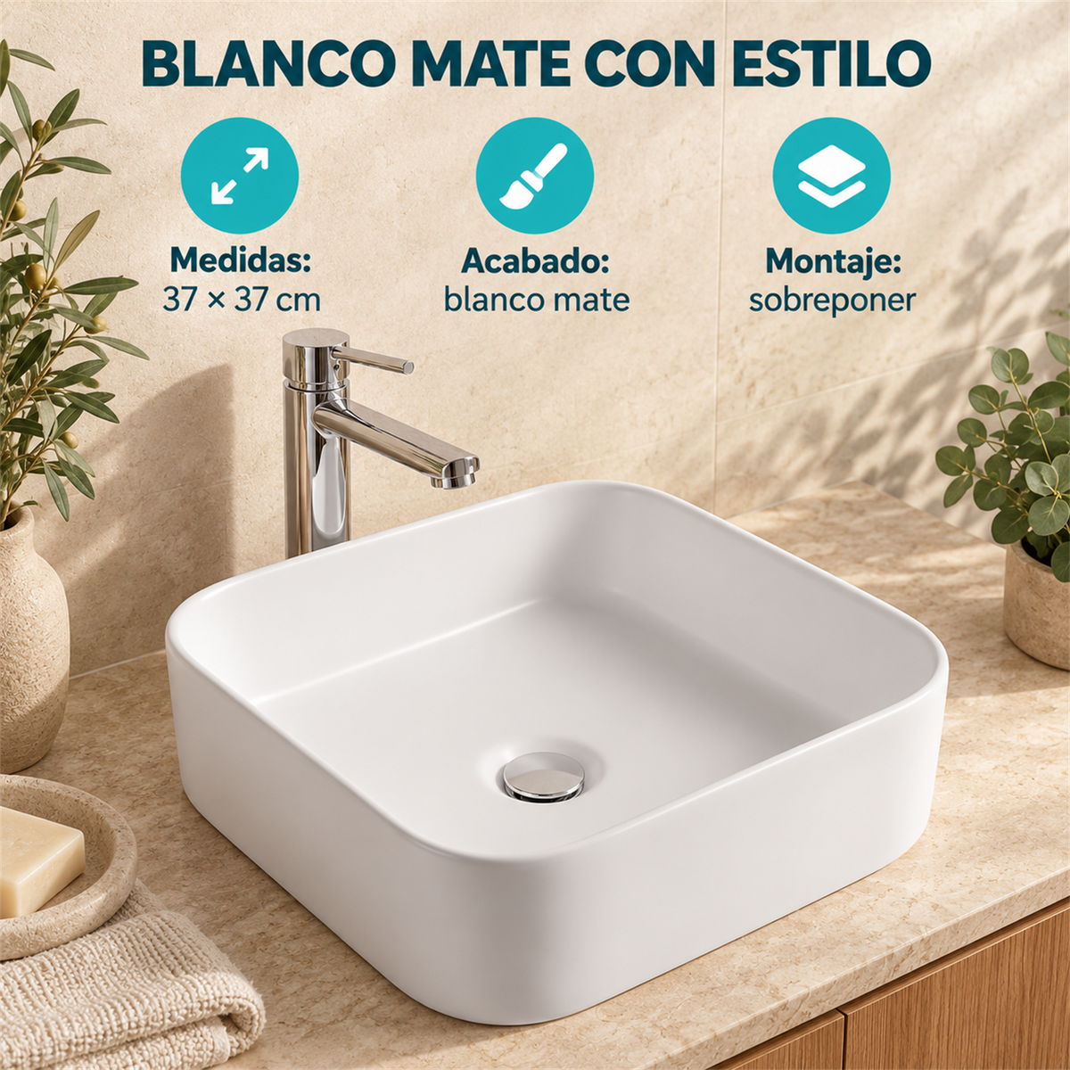Lavamanos Ontario Cuadrado Blanco Mate 37 cm — características verificadas