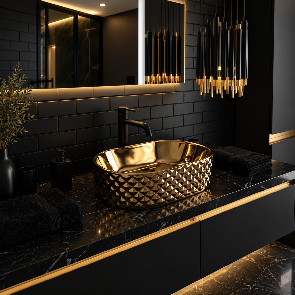 Lavamanos Crystal Dorado Brillante 46 × 34 cm — ambientación de baño