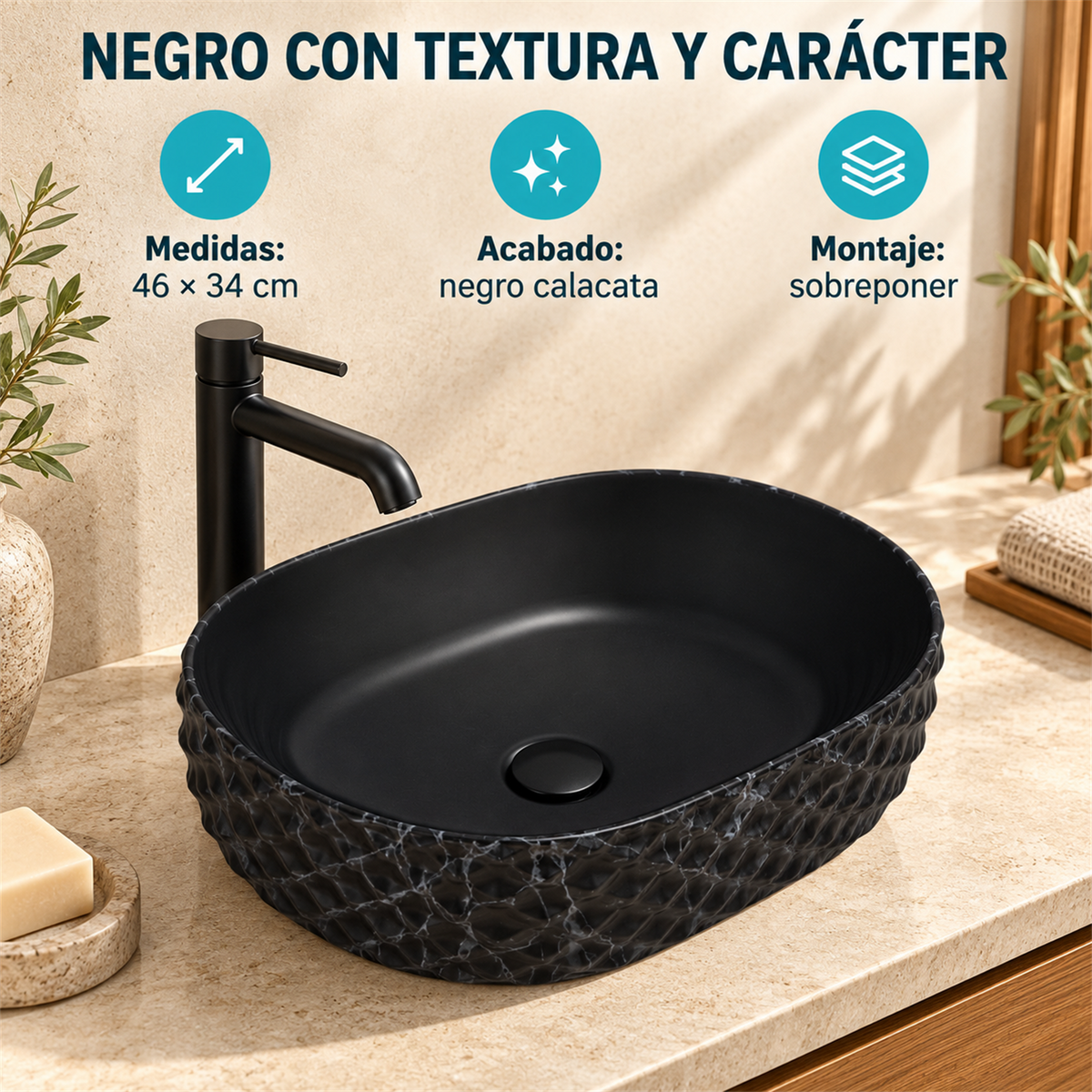 Lavamanos Crystal Negro Calacata 46 × 34 cm — características verificadas