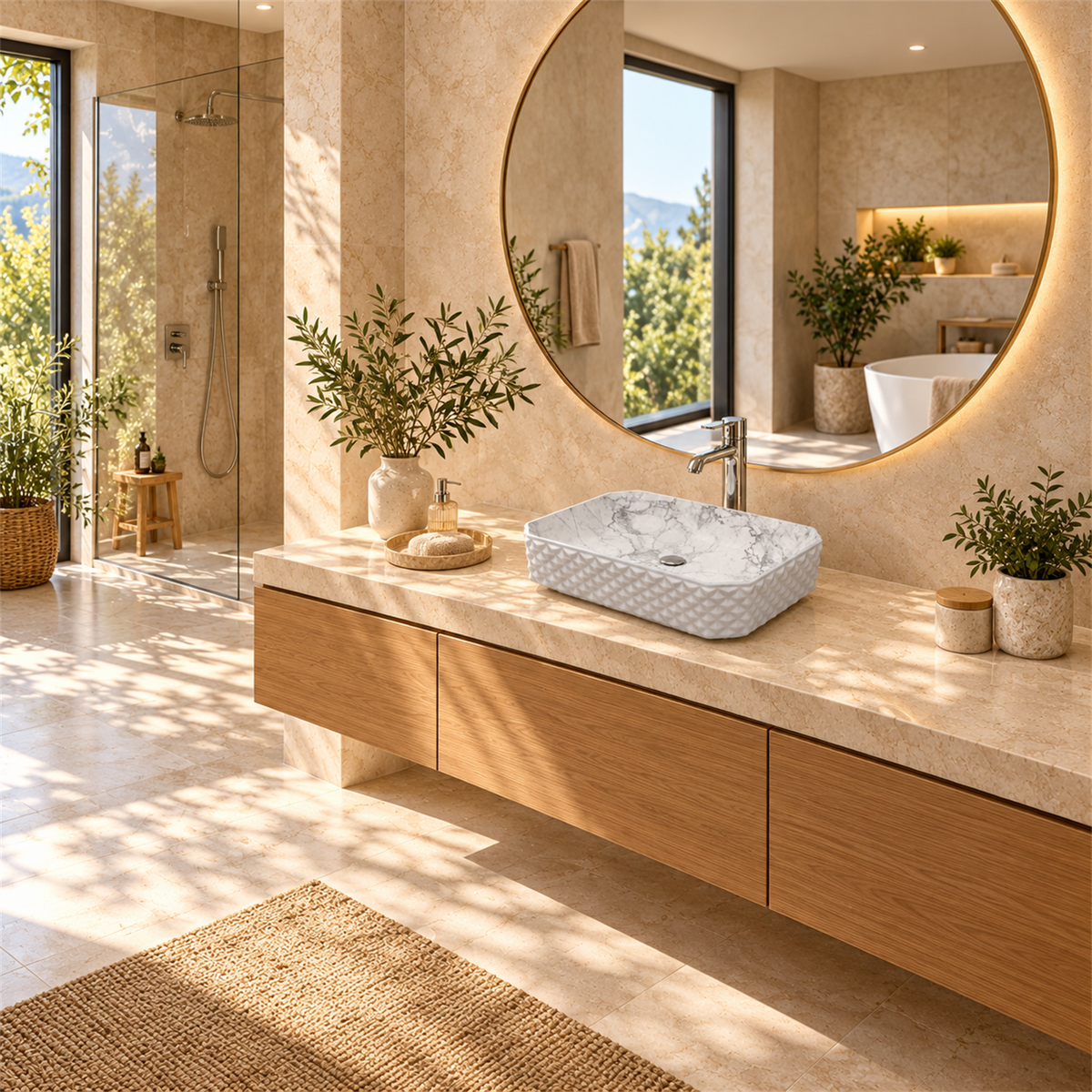 Lavamanos Stella Calacata Gris 50 × 37 cm — ambientación amplia de baño