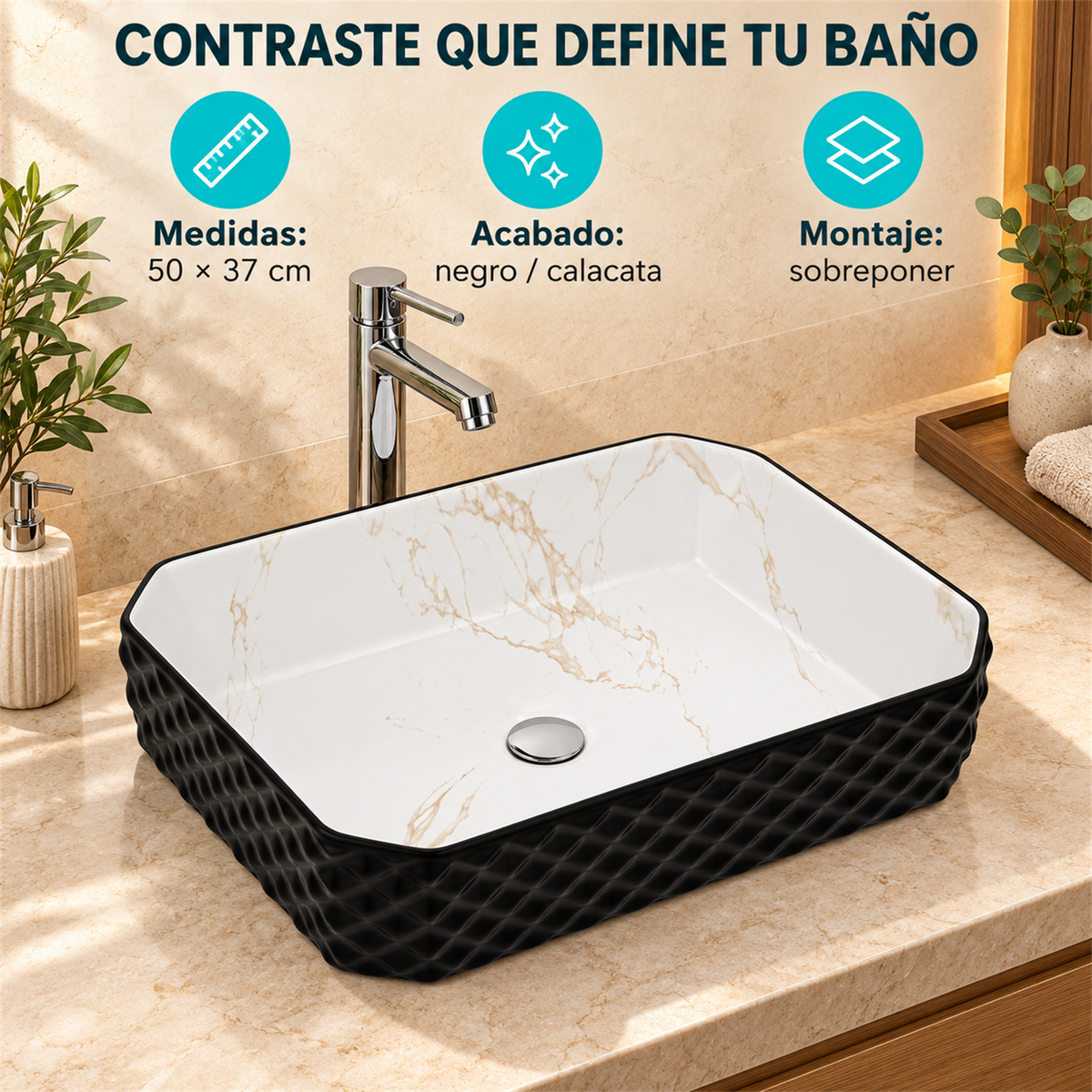Lavamanos Stella Negro Con Interior Calacata 50 × 37 cm — características verificadas