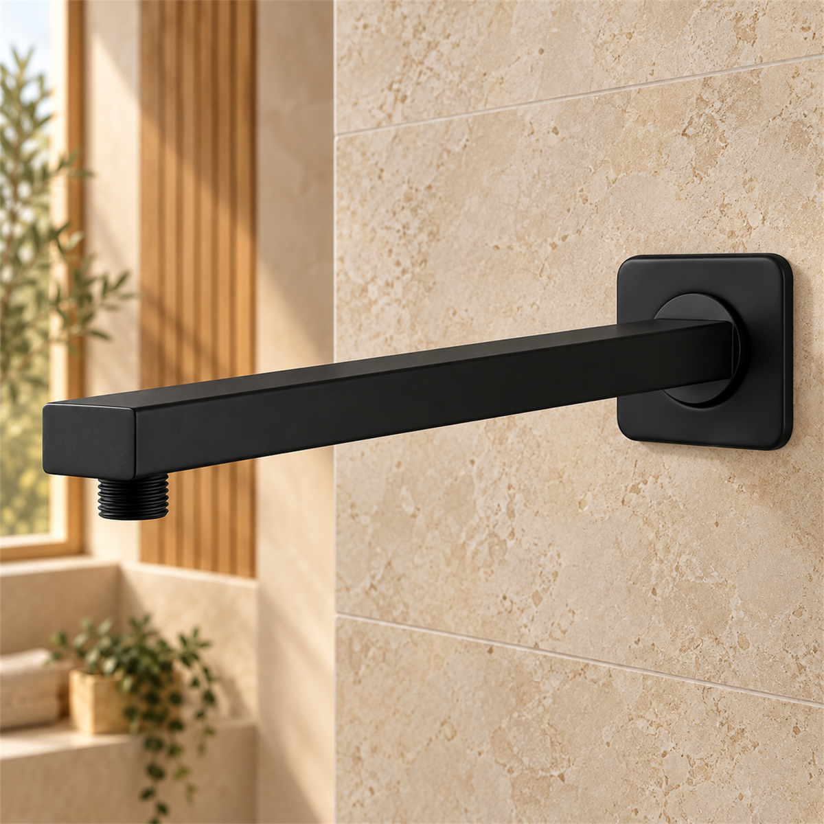 Tubo Para Regadera Cuadrado Negro 40 cm — detalle del tubo y salida inferior
