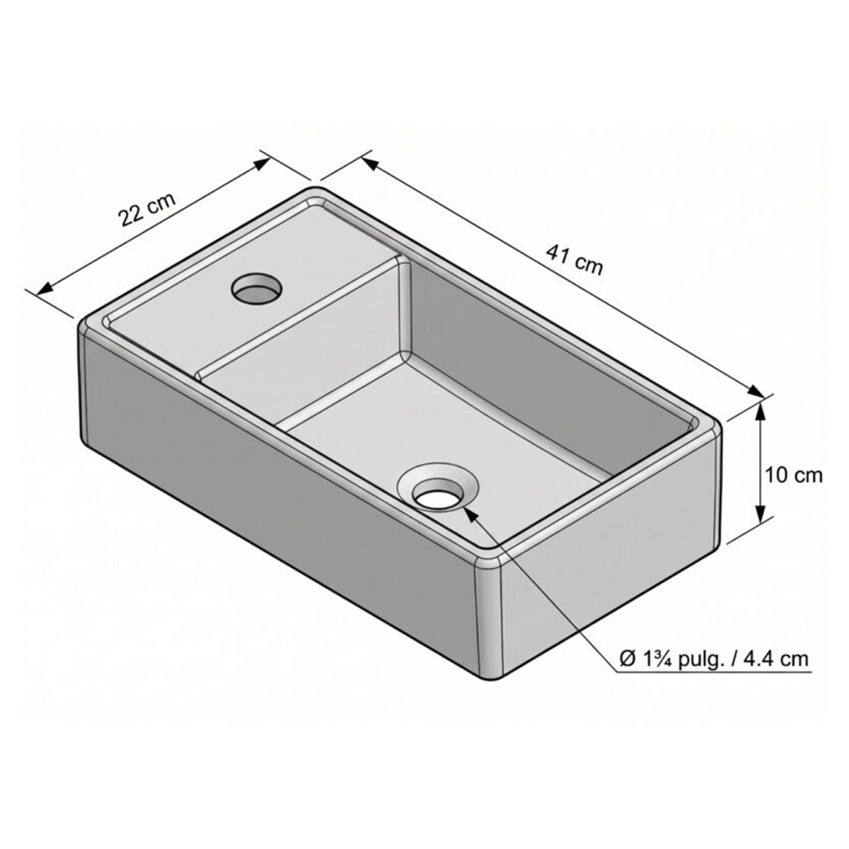 Lavamanos Nashville Negro Mate 41 × 22 cm — croquis original 41 × 22 × 10 cm, desagüe Ø4,4 cm