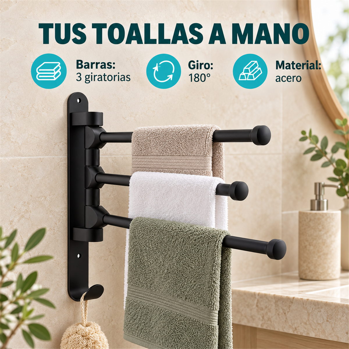 Toallero Giratorio De 3 Barras Negro 180° - Características verificadas