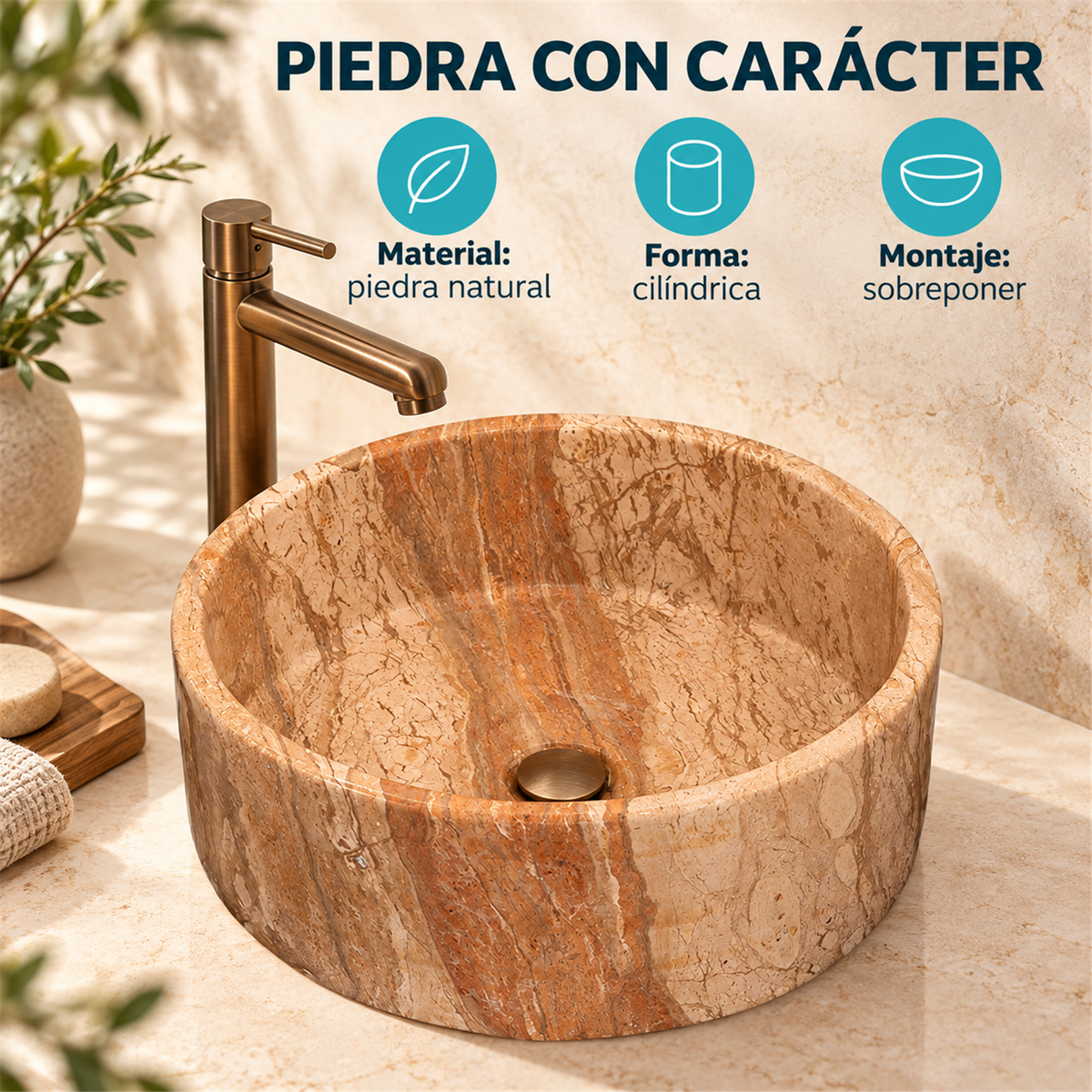 Lavamanos En Piedra Natural Cilíndrico Café - Características verificadas