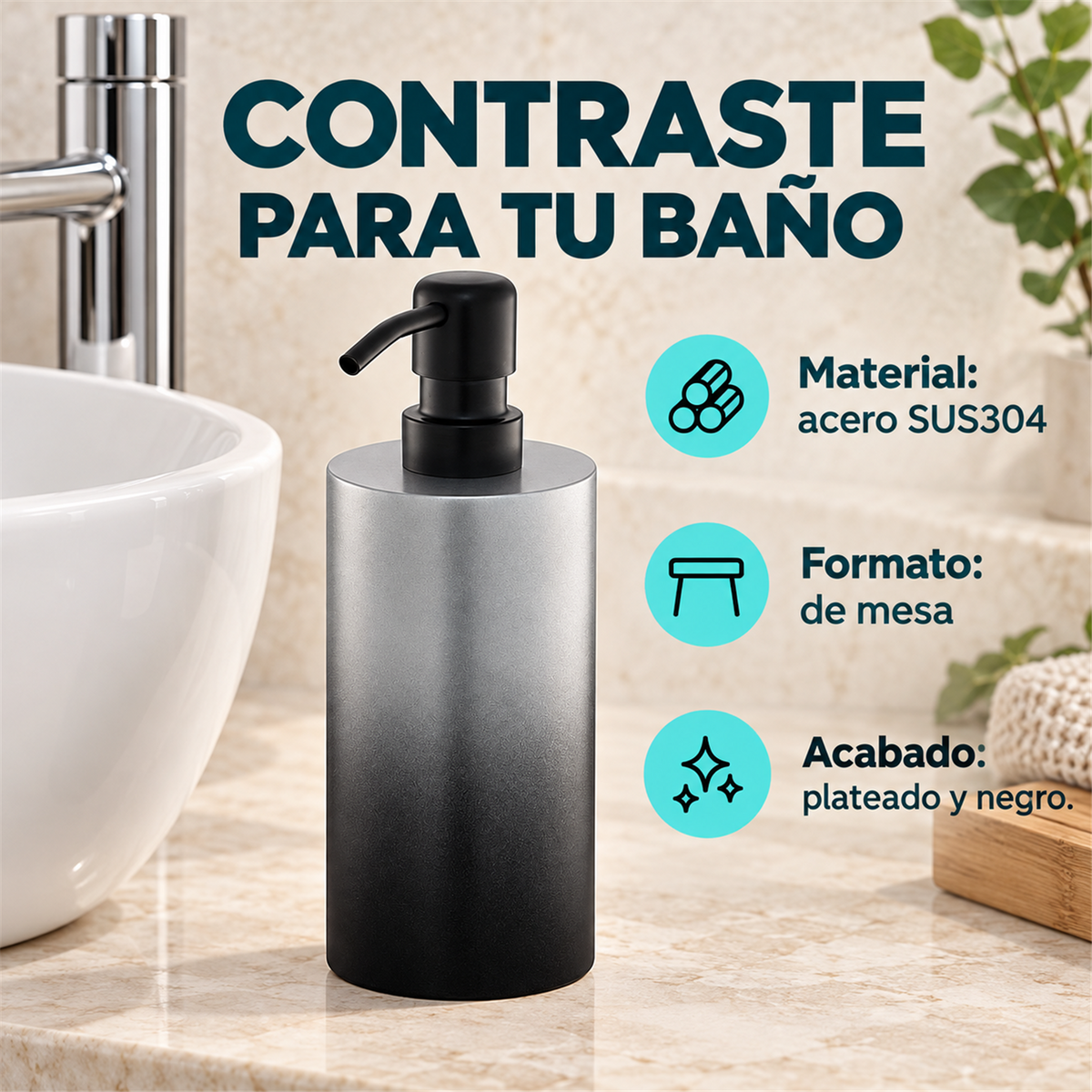 Dispensador De Jabón De Mesa Plateado Y Negro En Acero 304 - Características verificadas