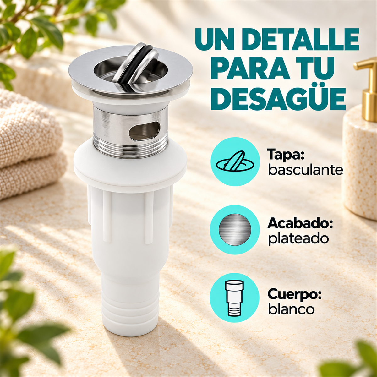 Desagüe Con Tapa Basculante Y Cuerpo Blanco - Características del producto