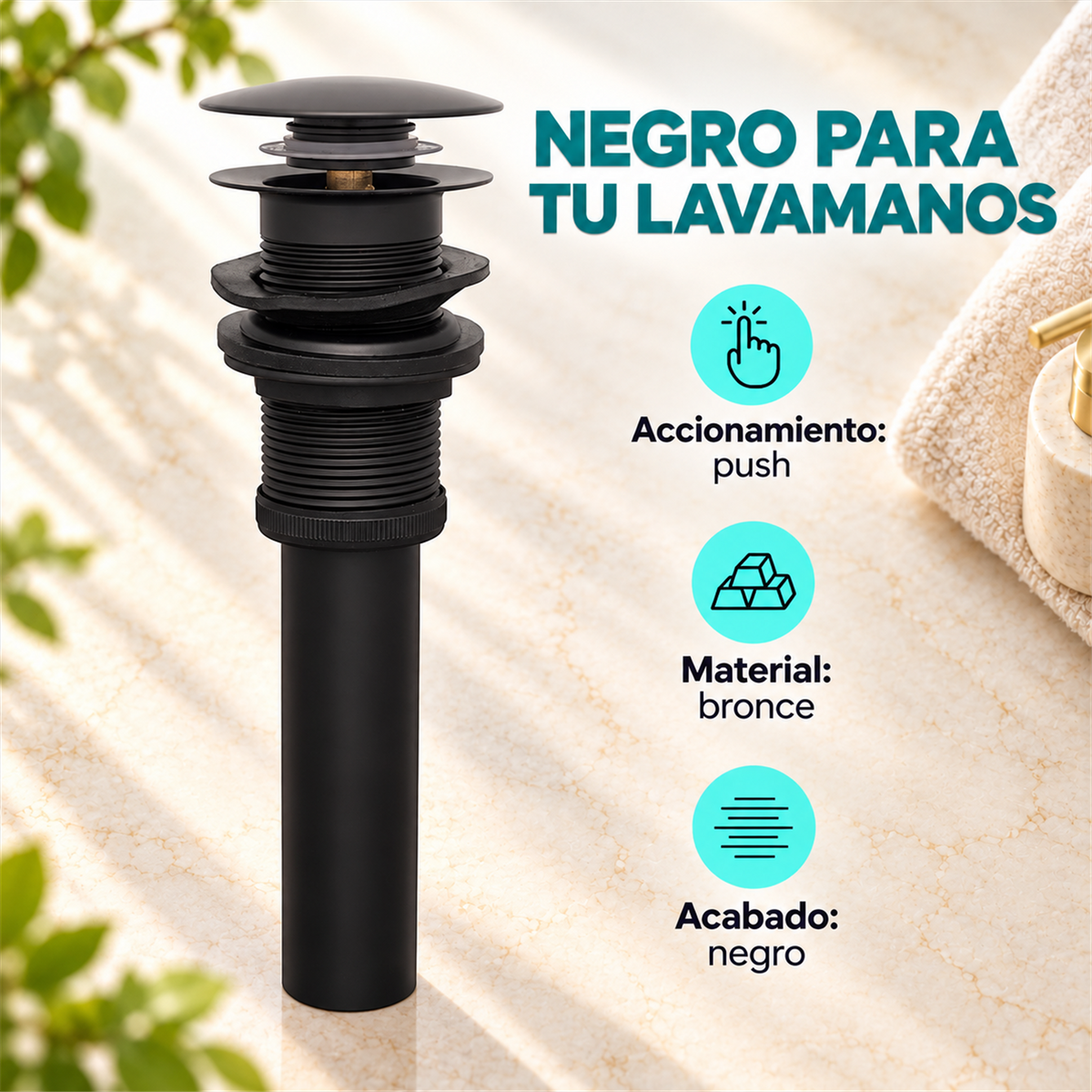 Desagüe Push Negro Para Lavamanos En Bronce - Características del producto