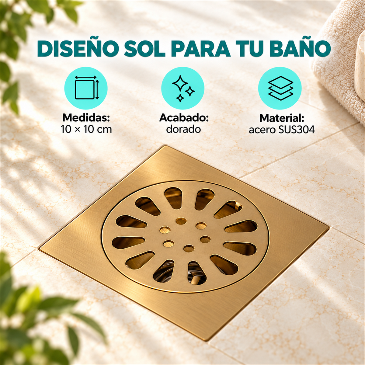 Rejilla De Piso Sol Dorada De 10 × 10 cm - Características del producto