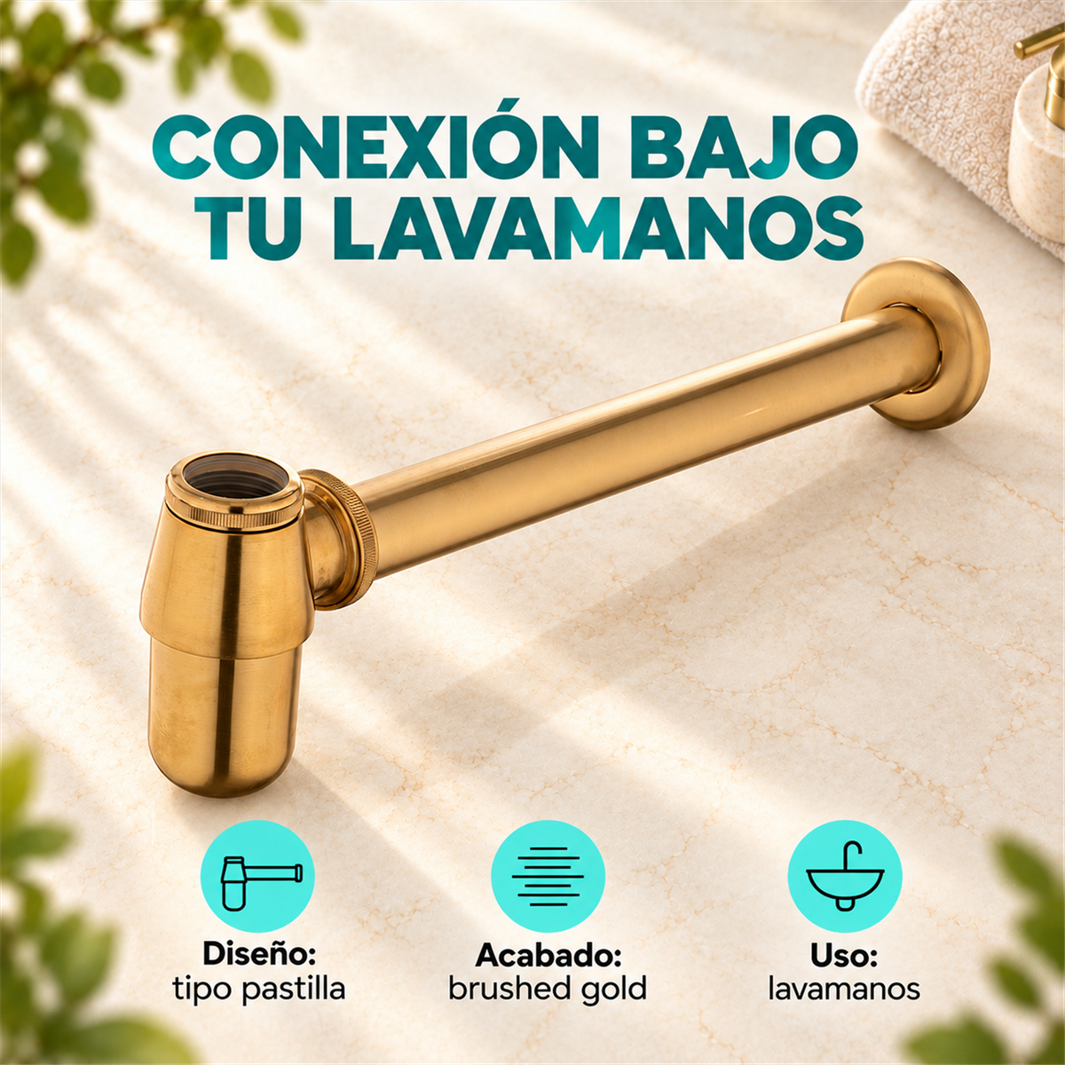 Sifón Tipo Pastilla Brushed Gold En Acero SUS304 - Características del producto