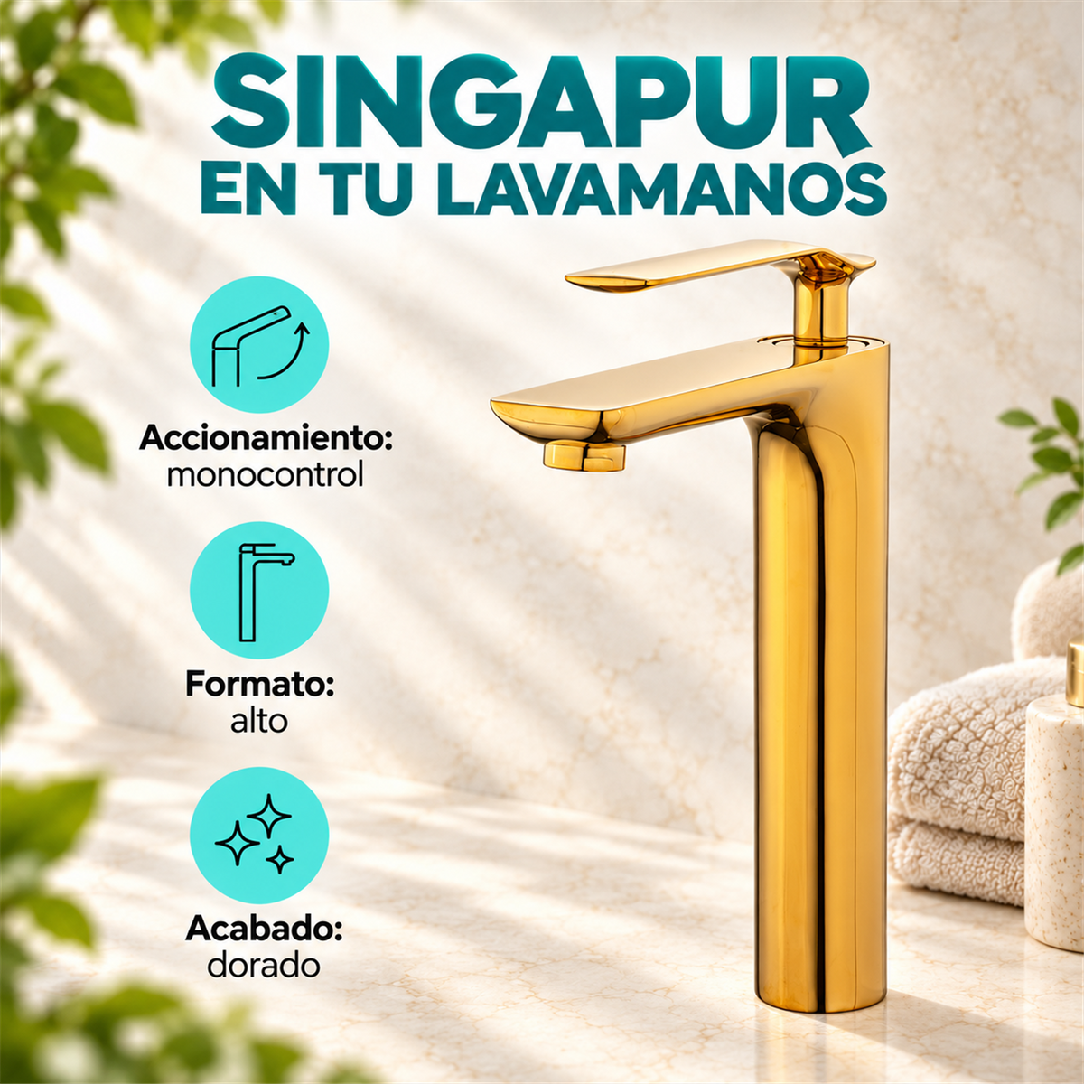 Grifería Alta Monocontrol Singapur Dorada - Características del producto