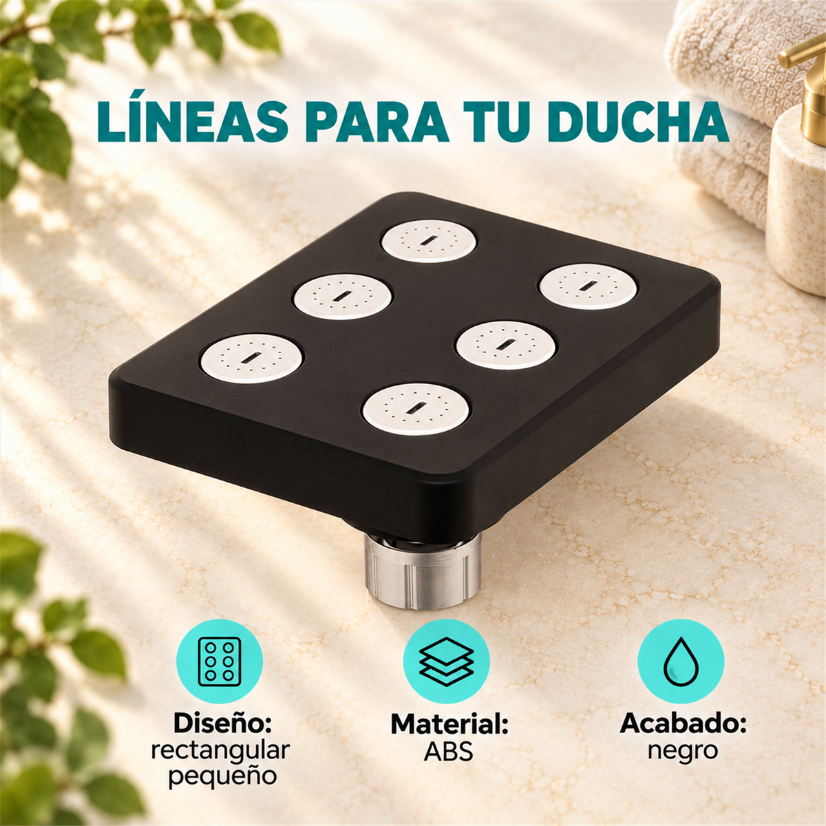 Regadera Rectangular Negra Pequeña En ABS - Características del producto