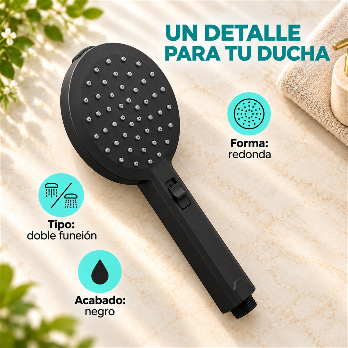 Teleducha Redonda De Doble Función Cascada Negra - Características del producto