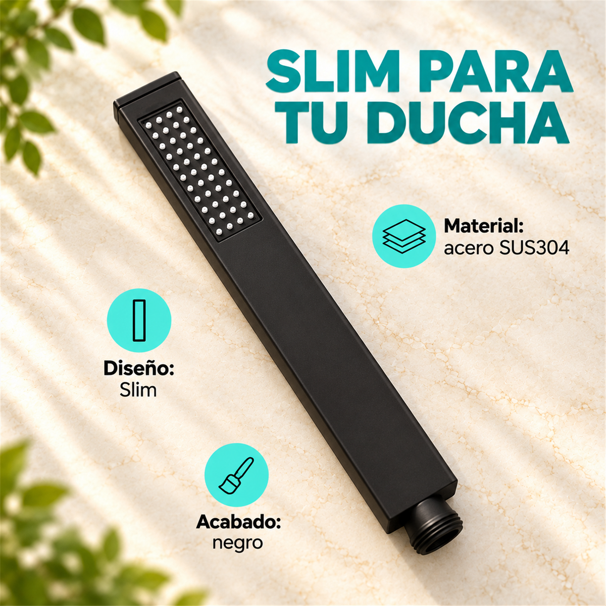 Teleducha Slim Alargada Negra En Acero Inoxidable SUS304 - Características del producto
